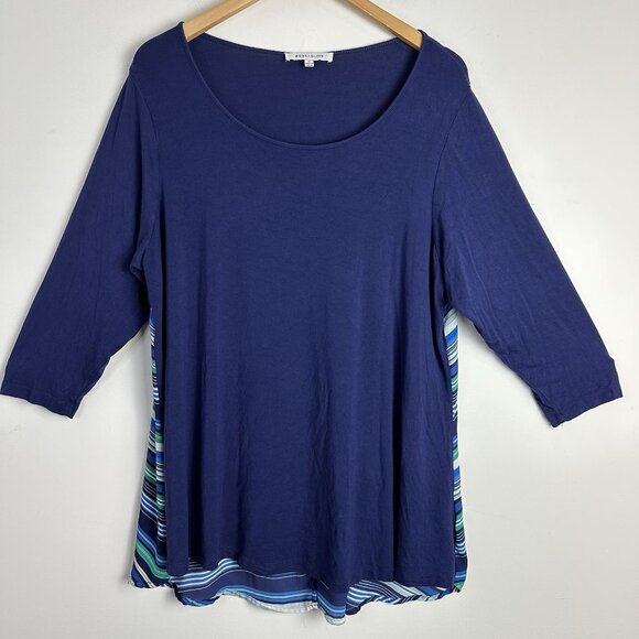 Rose + Olive Womens Tunic Blouse Shirt Top‎ Size 1X Navy Stripes Back Slit - Picture 1 of 8